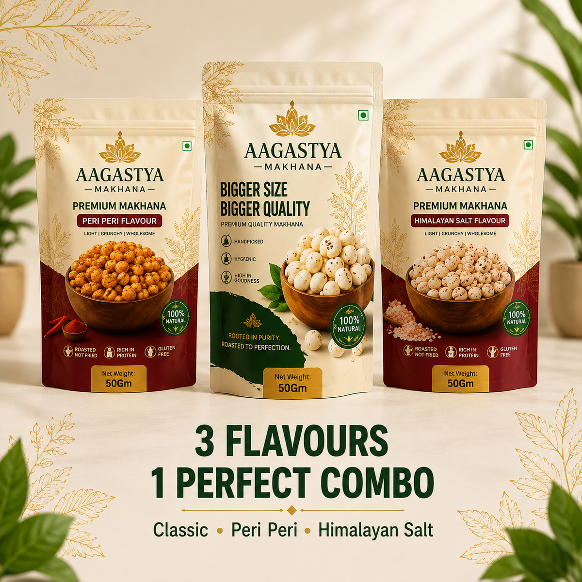 AAGASTYA Premium Makhana Combo – Classic, Peri Peri & Himalayan Salt | 150g