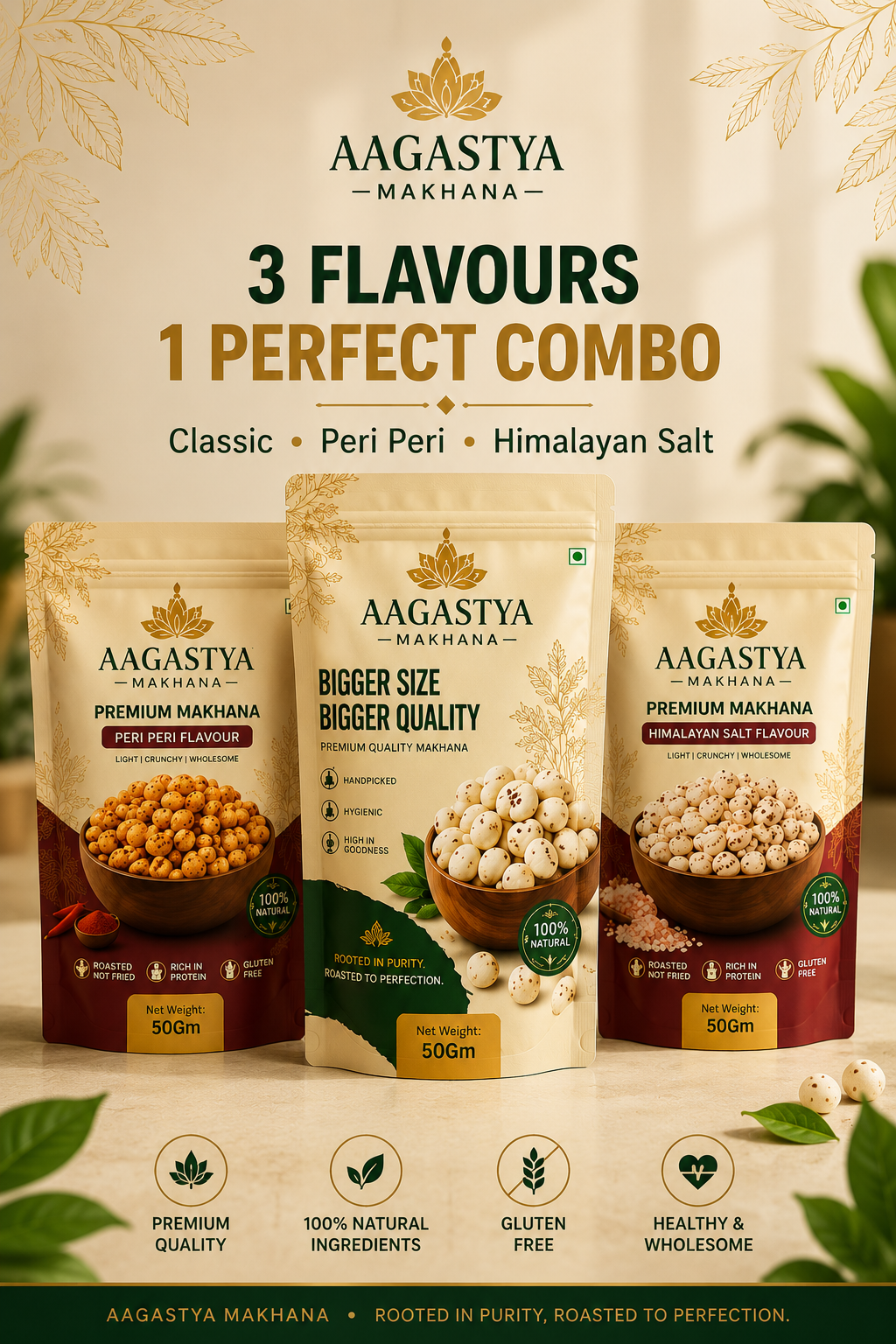AAGASTYA Premium Makhana Combo – Classic, Peri Peri & Himalayan Salt | 150g